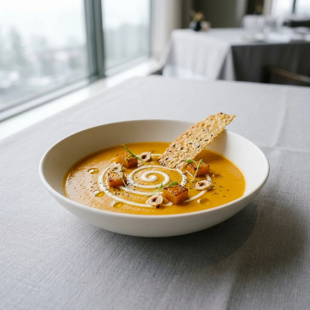 Velouté de potimarron dressé en assiette, éclats de noisette et tuile croustillante — SemiSauvage