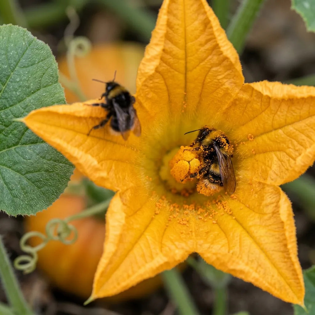 Bourdons couverts de pollen orange dans une fleur mâle de potiron — SemiSauvage