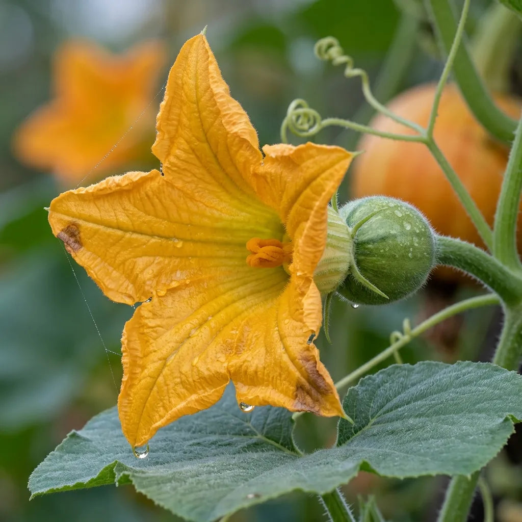 Macro d'une fleur femelle de potiron et de son jeune fruit, couverte de rosée — SemiSauvage