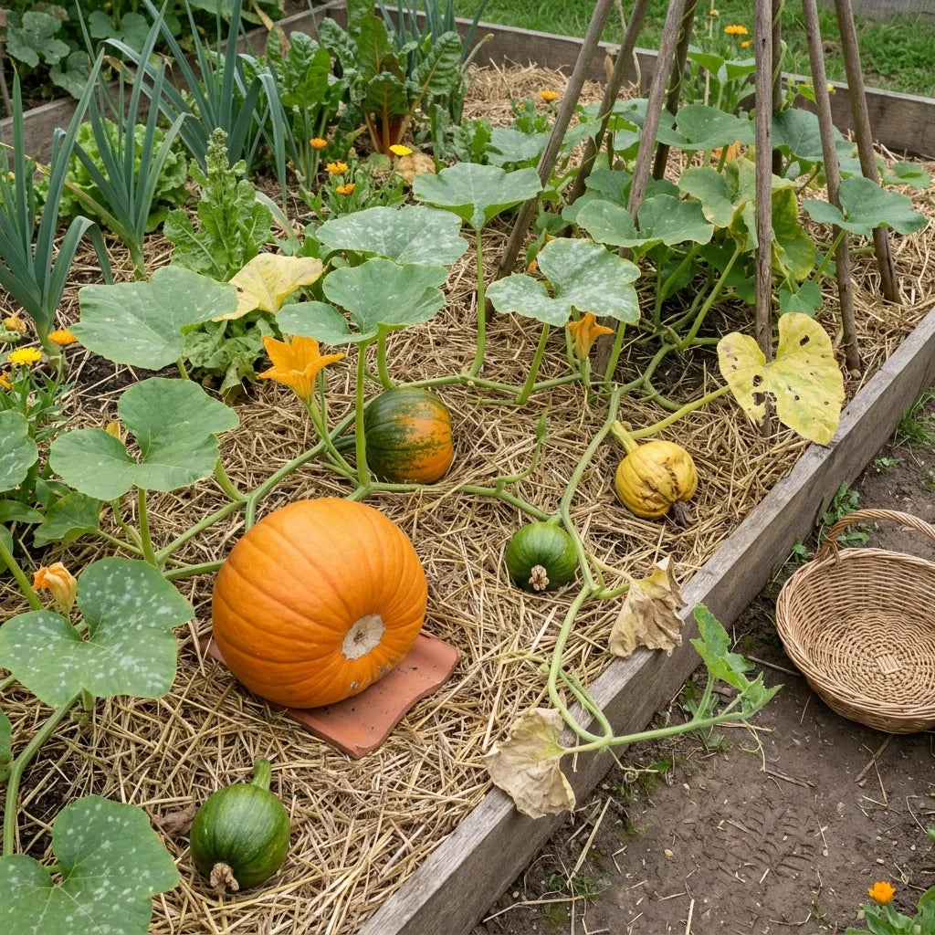 Potirons courant sur le mulch d'un potager en permaculture — SemiSauvage