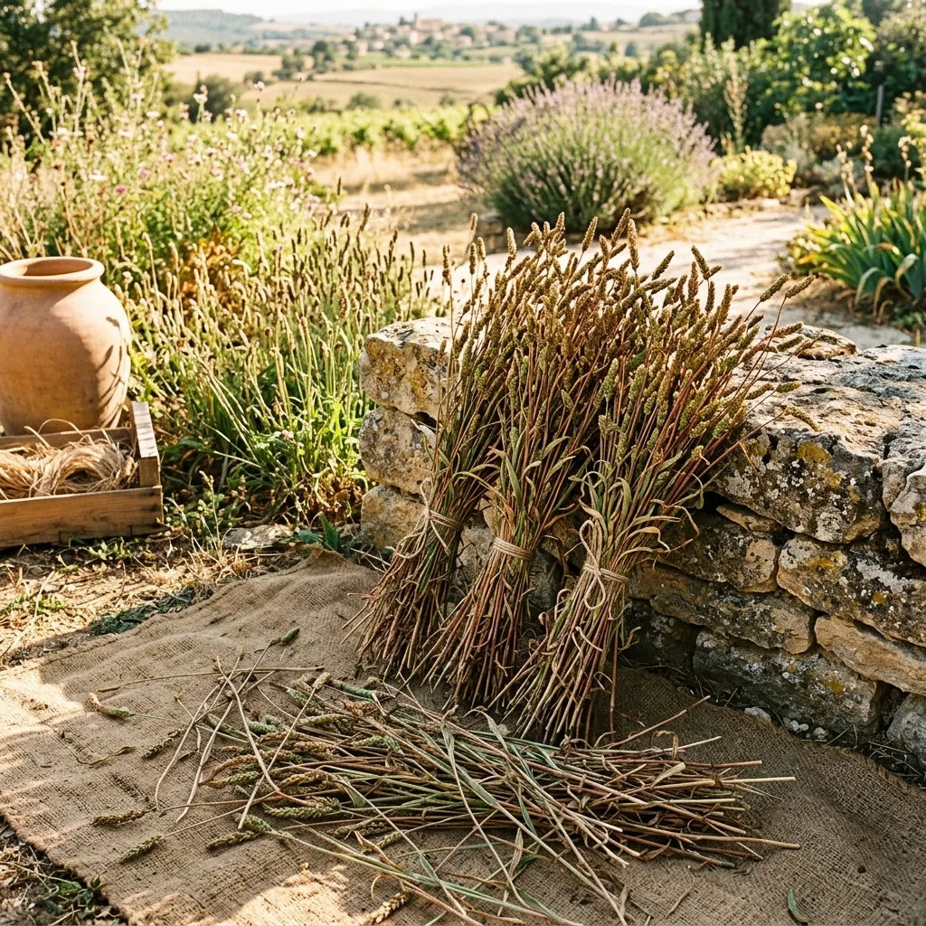 Javelles de psyllium brun liées de ficelle de lin en séchage contre un muret