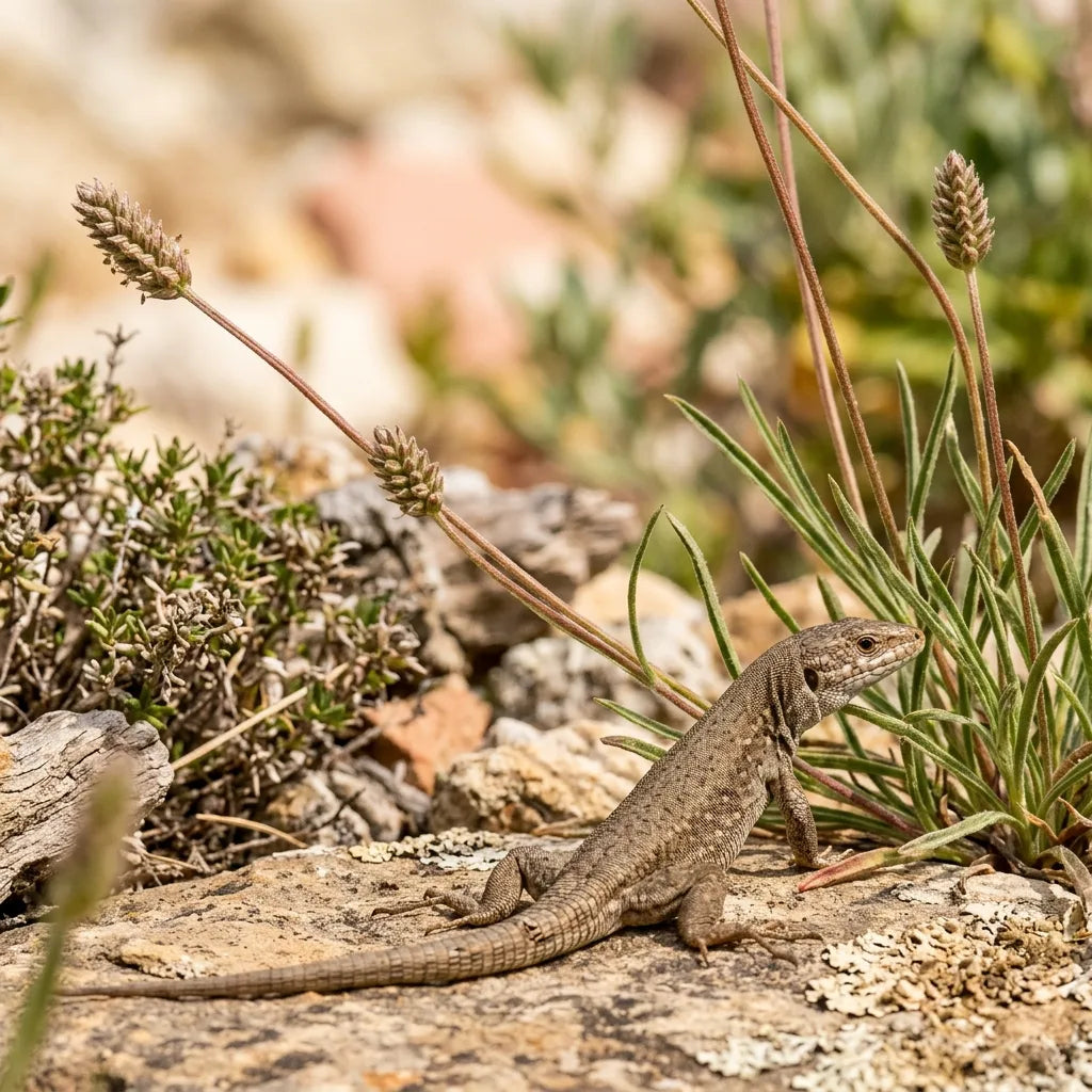 Lézard des murailles posé sur une pierre au pied d'une touffe de psyllium brun
