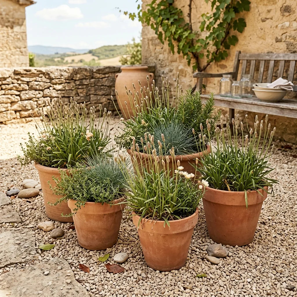 Psyllium brun cultivé en pots de terre cuite dans une cour de gravier