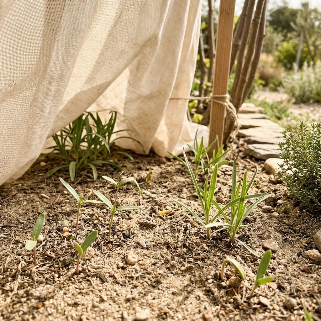 Semis de psyllium brun en pleine terre sableuse sous un voile de coton