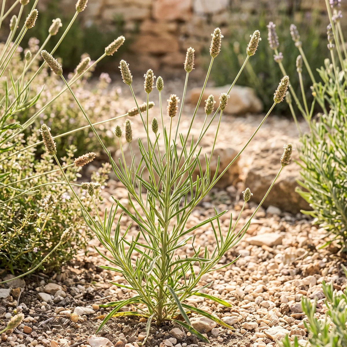 Touffes de psyllium brun dans un jardin sec paillé de gravier clair