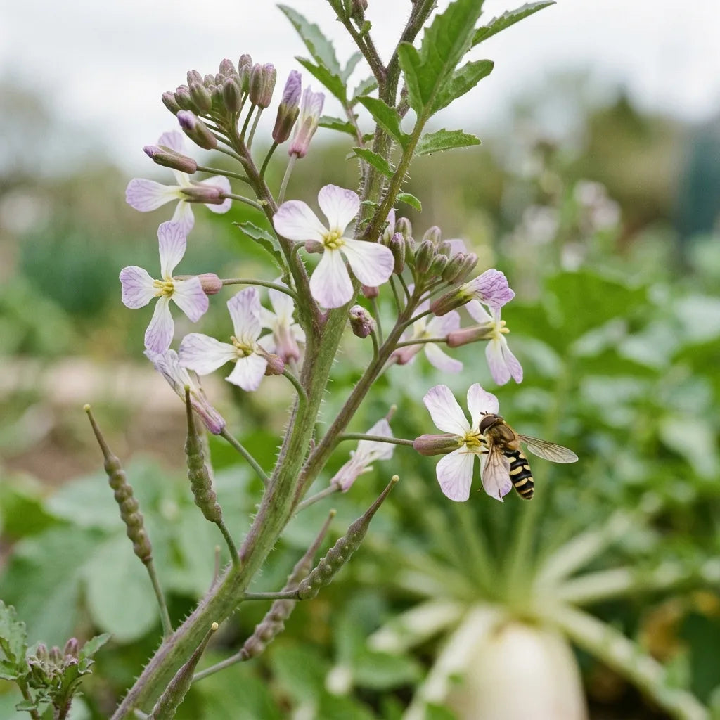 Daïkon monté à fleurs : grappes blanc lilas veinees et jeunes siliques, visitées par un syrphe — SemiSauvage