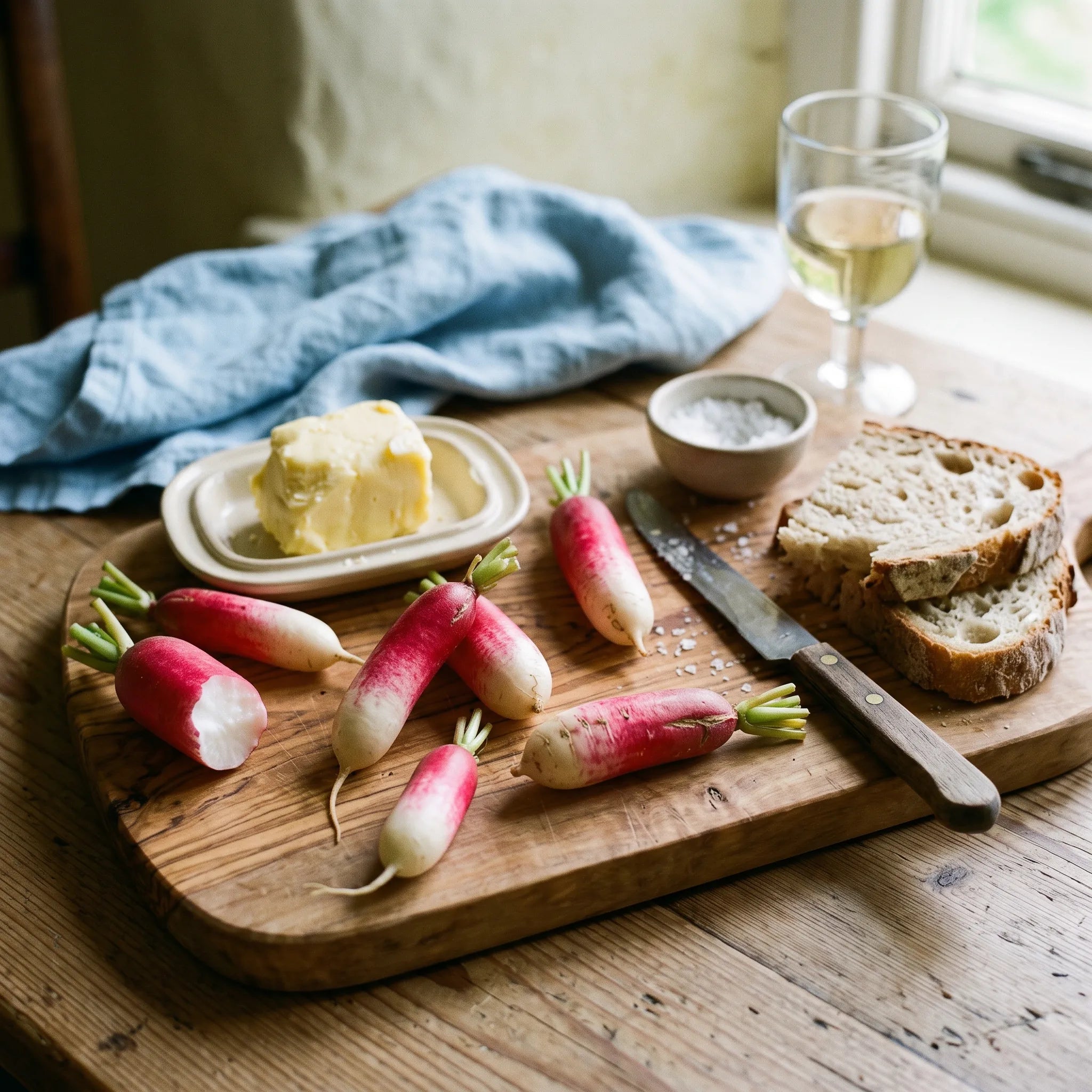 Radis demi-longs à la croque-au-sel avec beurre et pain de campagne