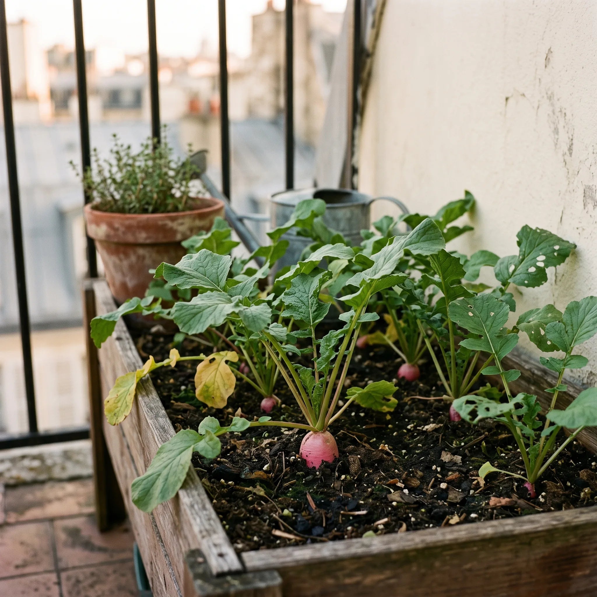 Radis demi-longs cultivés en jardinière sur un petit balcon de ville