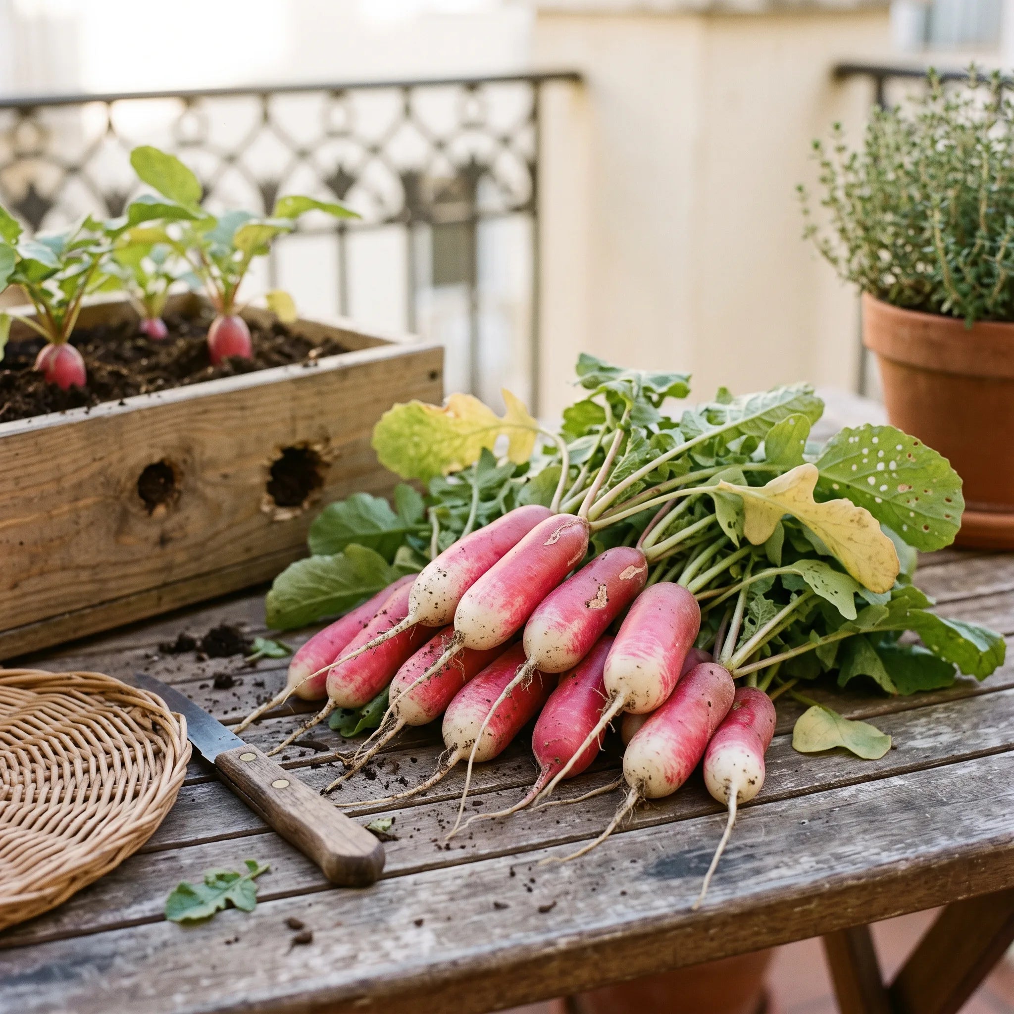 Récolte de radis demi-longs tout juste arrachés sur une table de terrasse