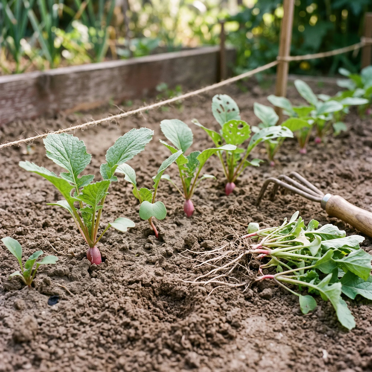 Semis clair de radis éclairci à 4 cm : serrés, ils font des feuilles et pas de racines