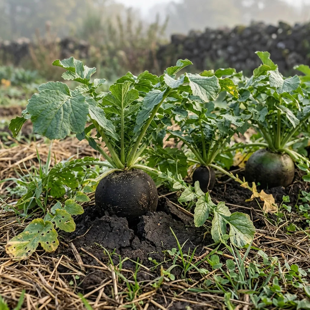 Rang de radis noirs au potager en automne, épaules noires sortant de terre — SemiSauvage