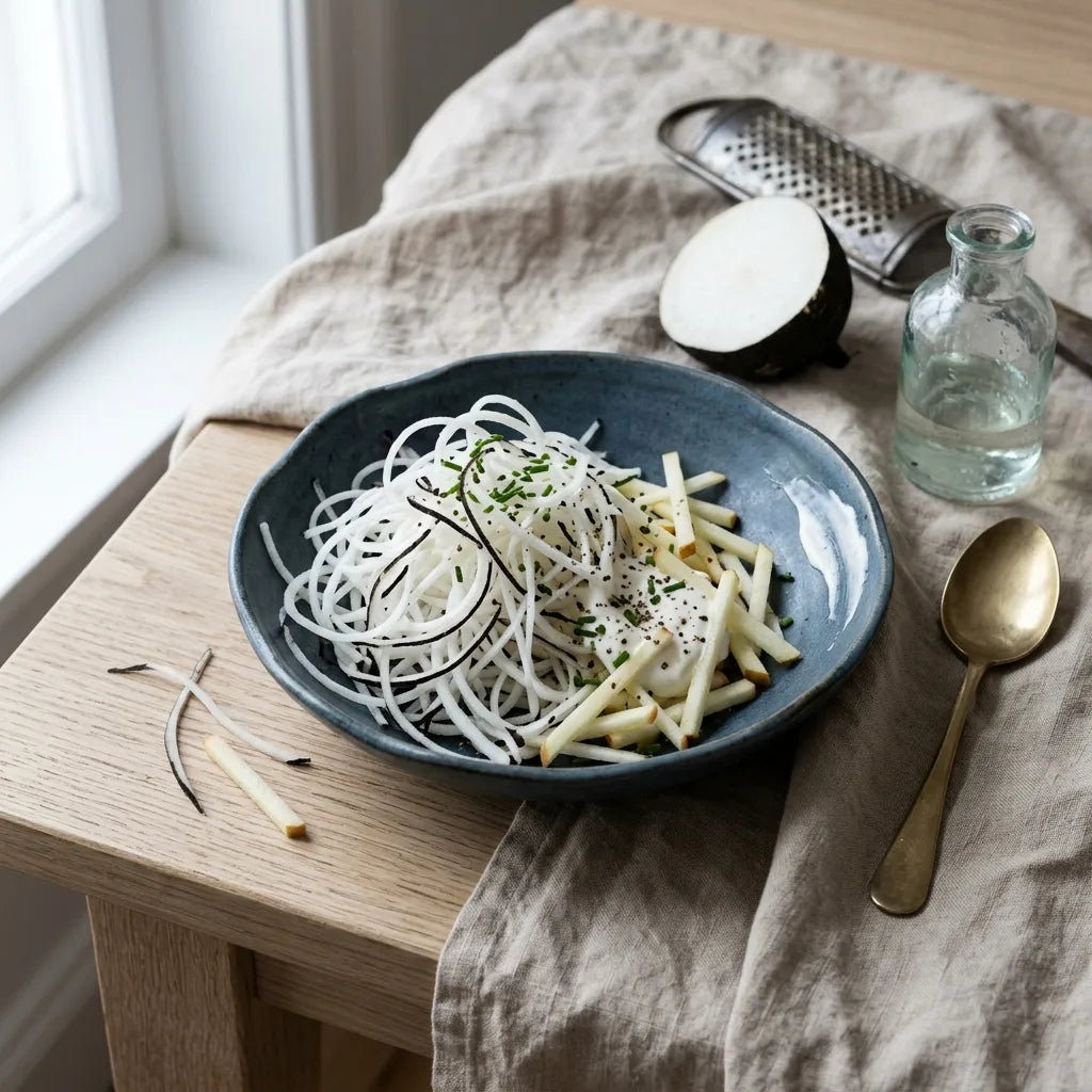 Radis noir cru finement râpé en salade avec crème et pomme — SemiSauvage