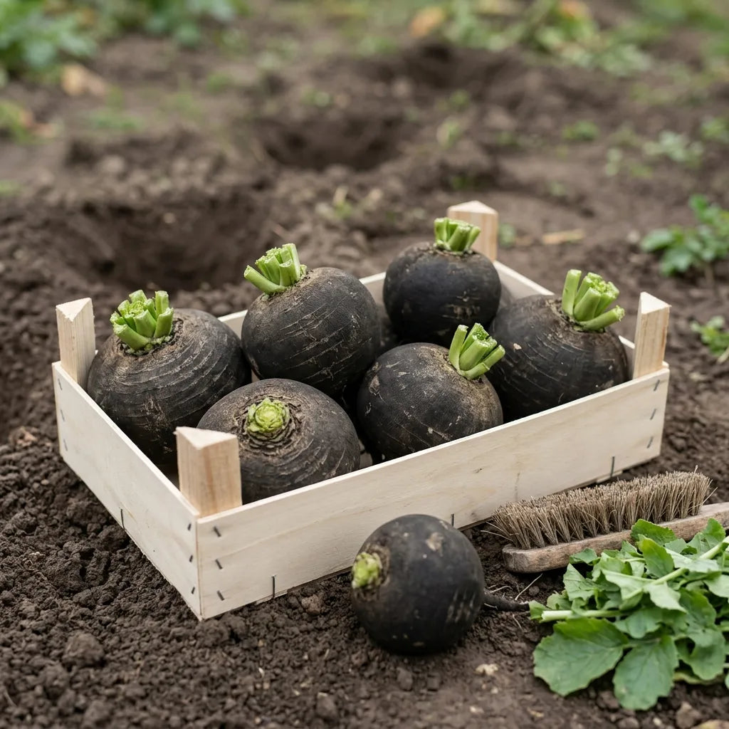 Récolte de radis noirs en cagette, fanes coupées à 2 cm pour la garde — SemiSauvage