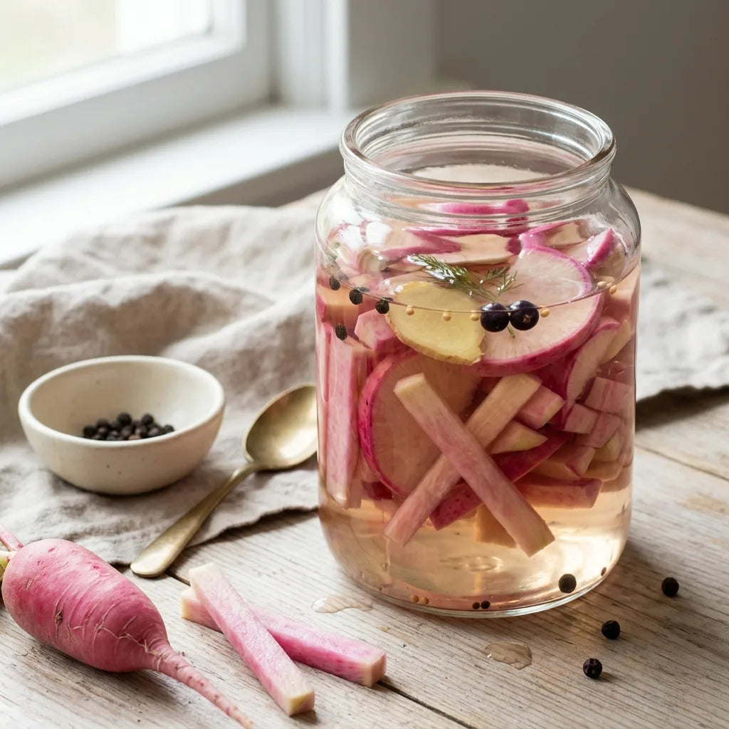 Pickles de radis oriental rose en bocal de verre — SemiSauvage