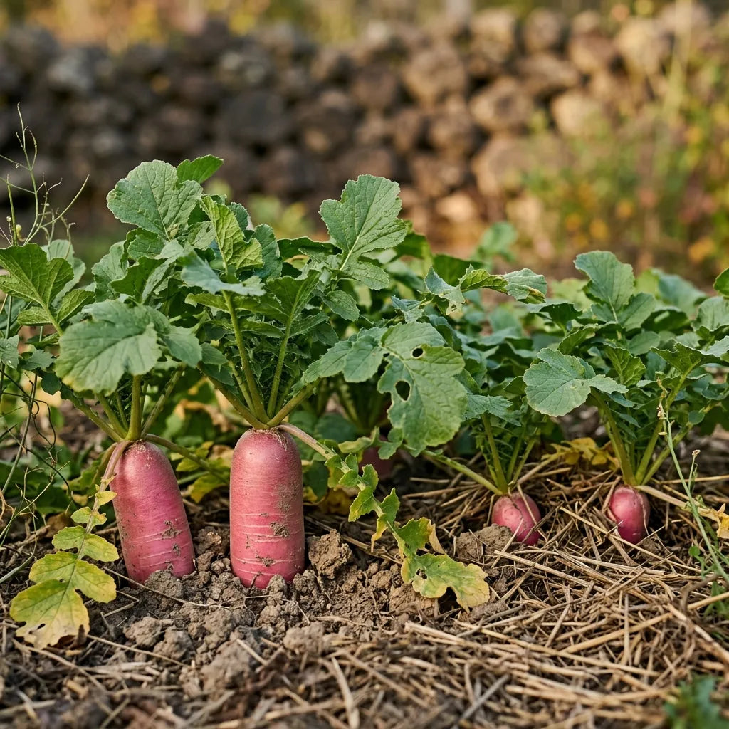 Rang de radis orientaux roses au potager, épaules sortant de terre — SemiSauvage