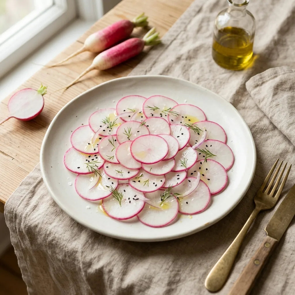 Fines rondelles crues de radis oriental rose à lisseré rose — SemiSauvage