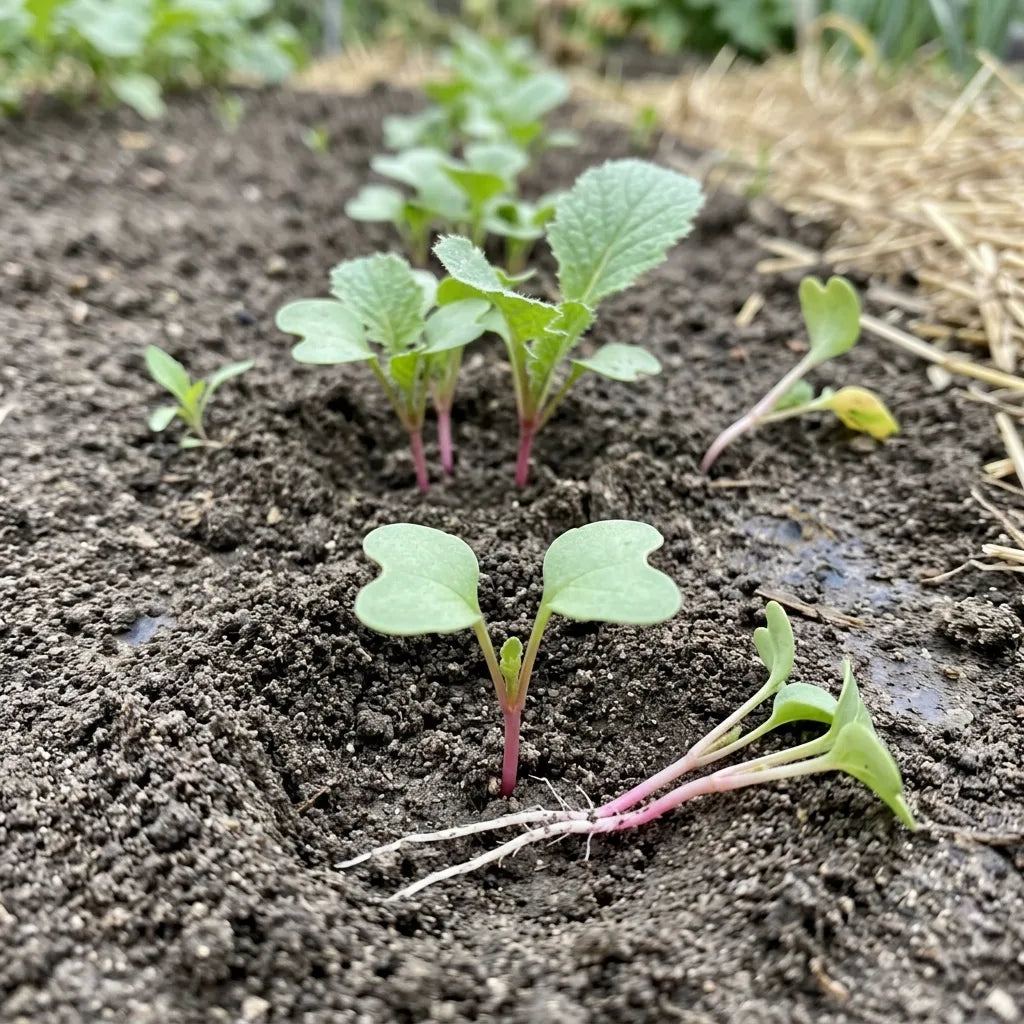 Levée d'un semis direct de radis oriental rose en poquets — SemiSauvage