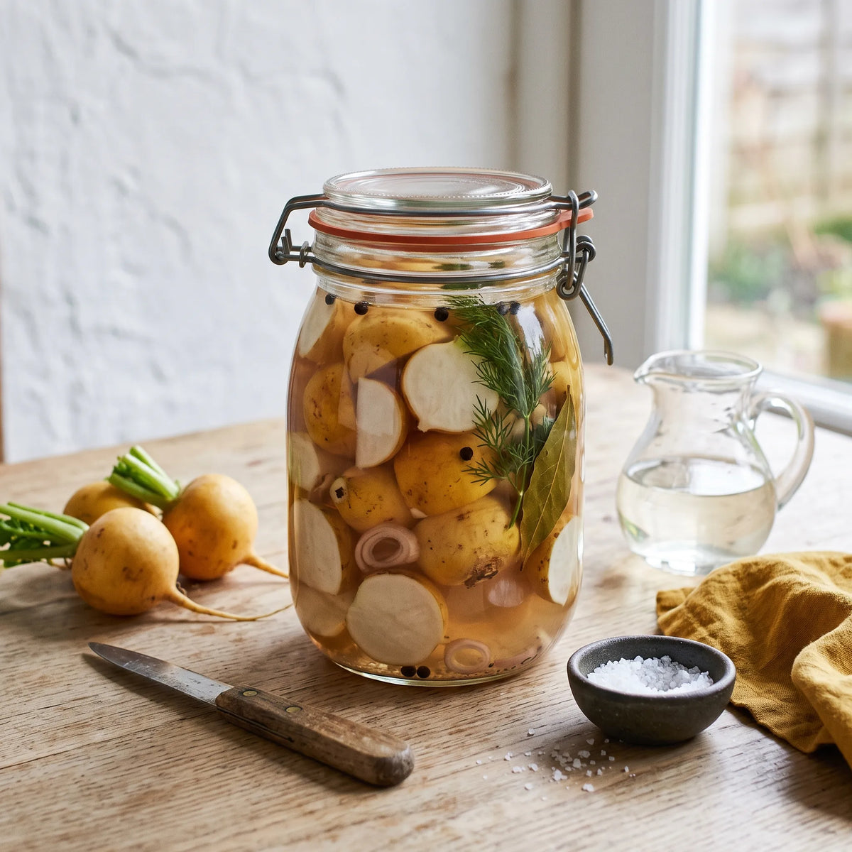 Pickles de radis rond jaune au vinaigre dans un bocal en verre ancien