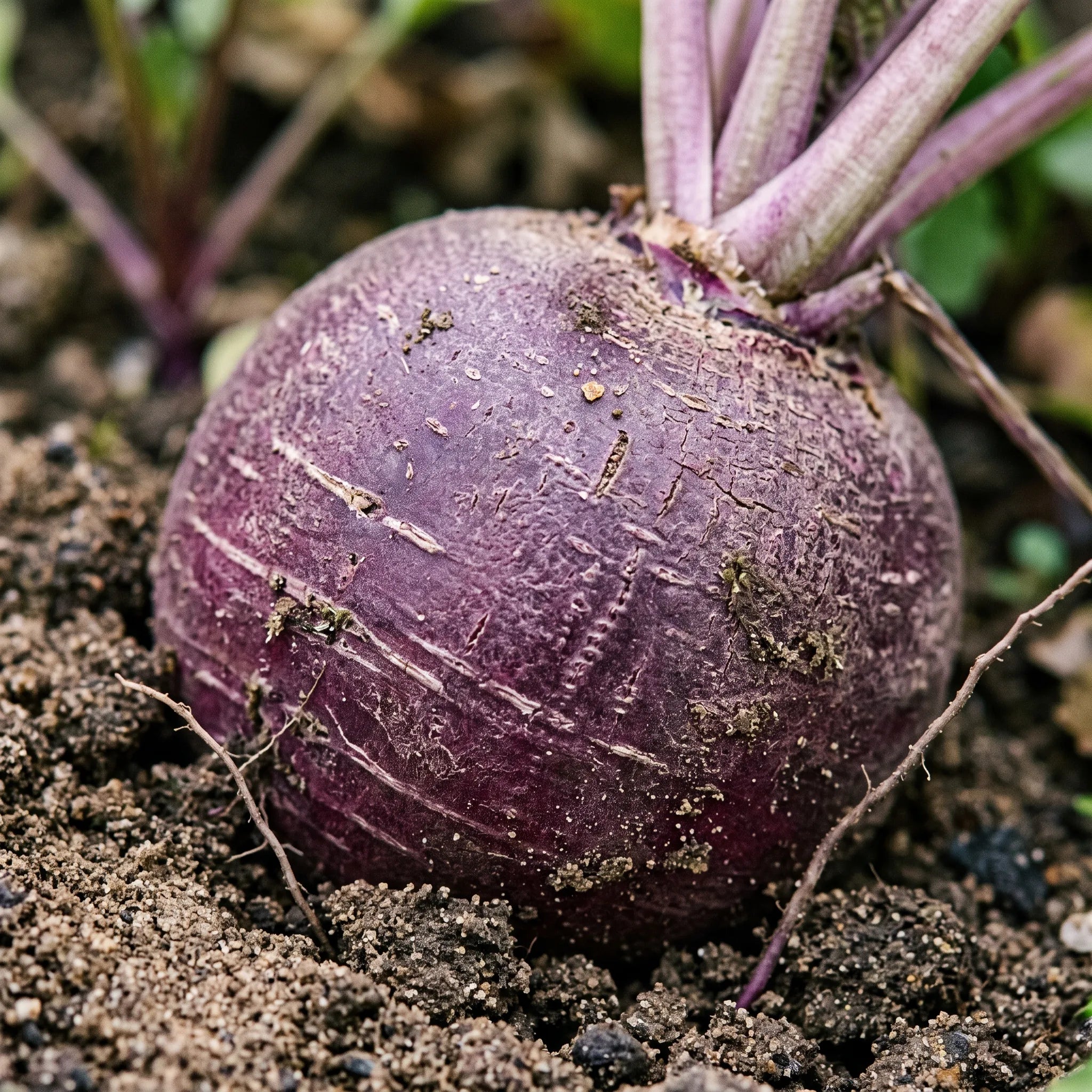 Macro de l'épiderme violet pourpre du radis rond violet, strié et marbré