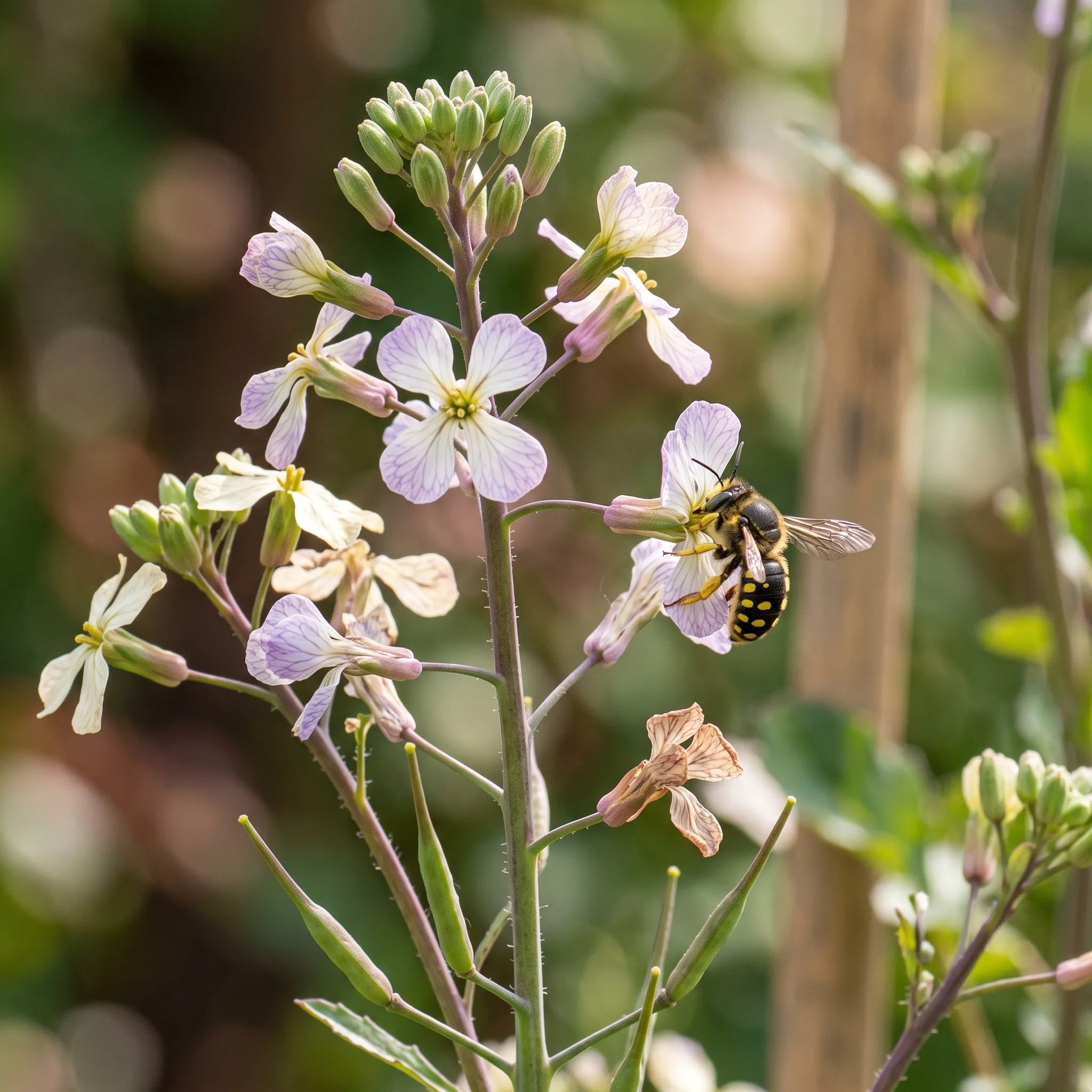 Radis rond violet monté à fleurs blanc lilas, visité par une anthidie à manchettes