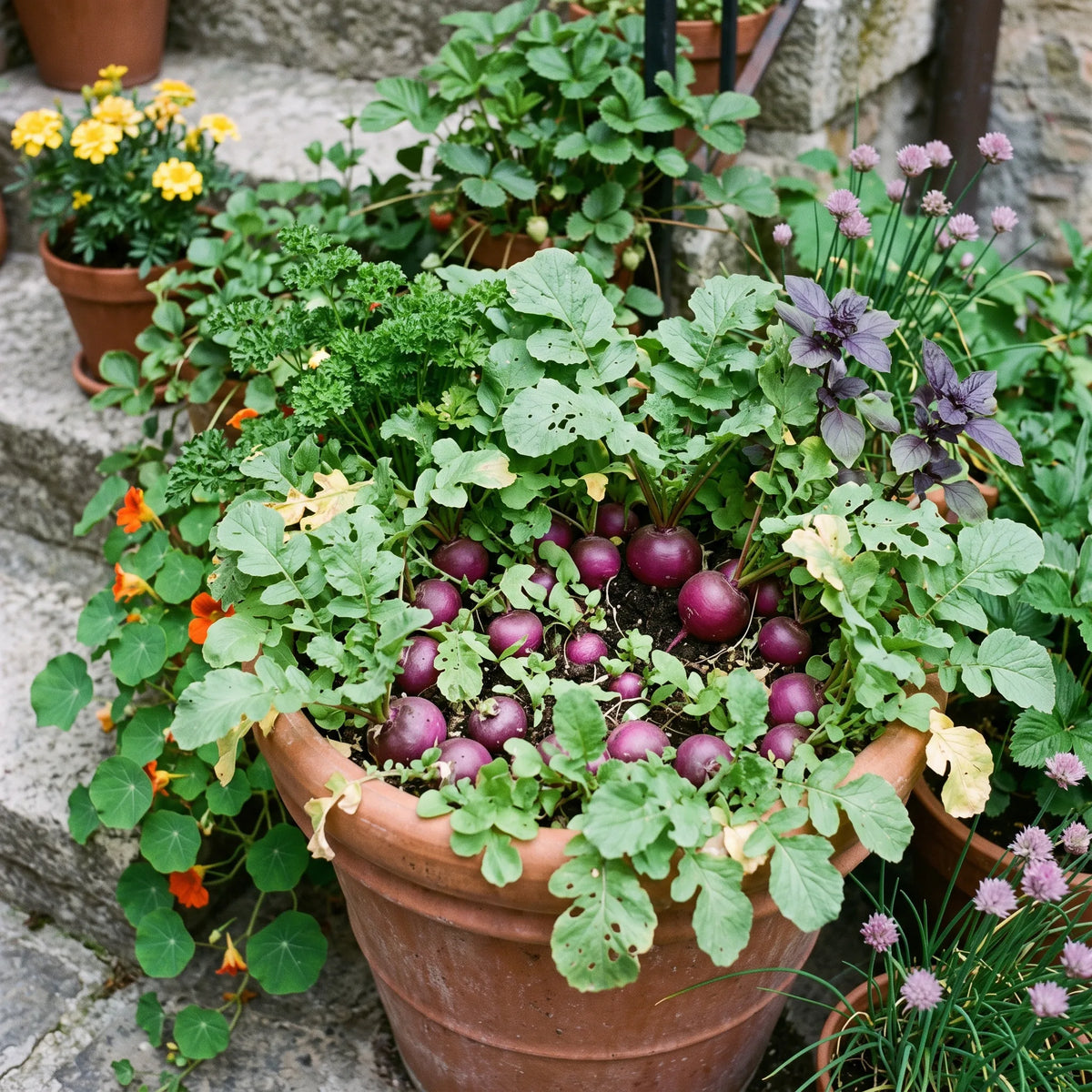Radis ronds violets en culture dense et associée dans des pots de terre cuite, sur une courette