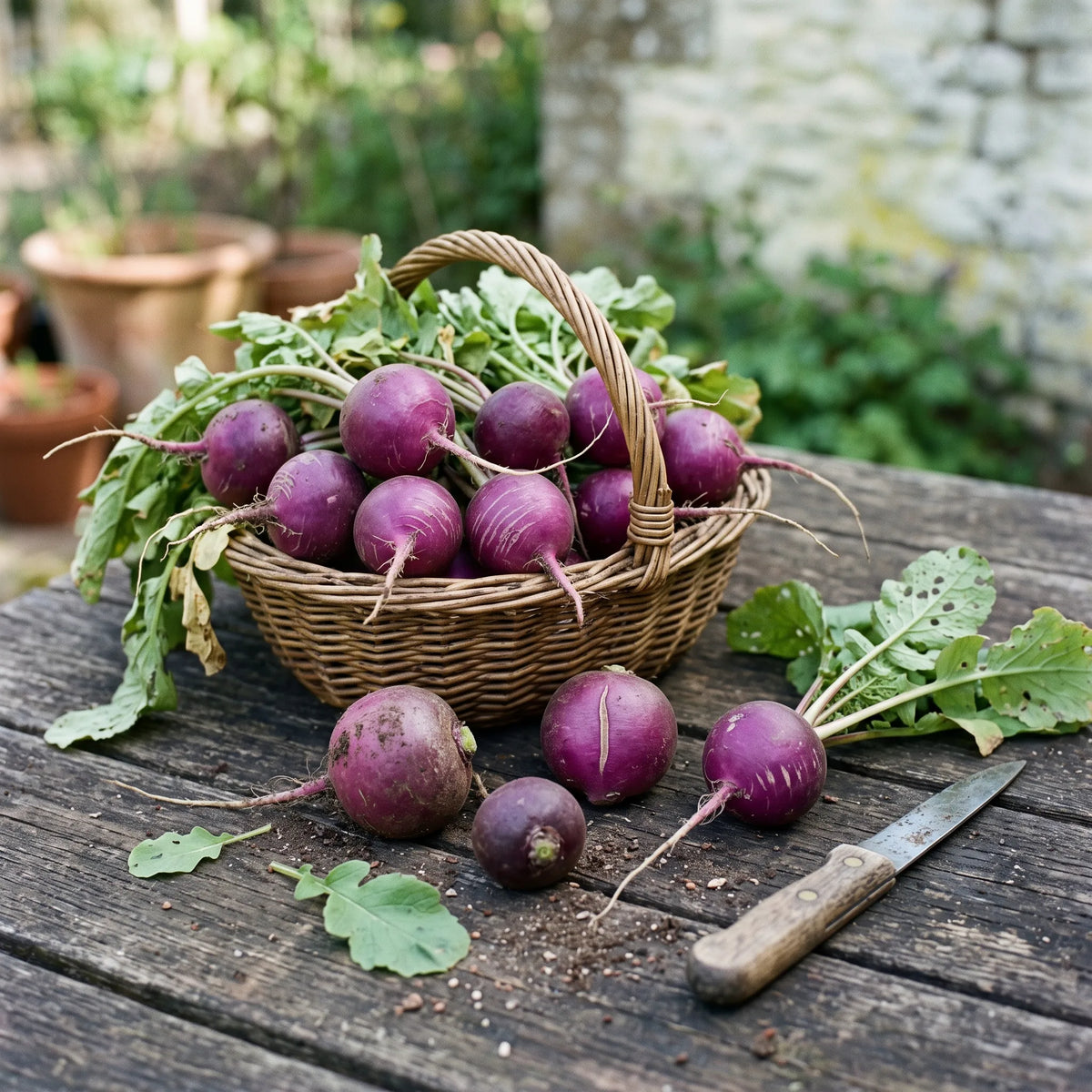Récolte de radis ronds violets dans un panier d'osier, quatre à six semaines après le semis