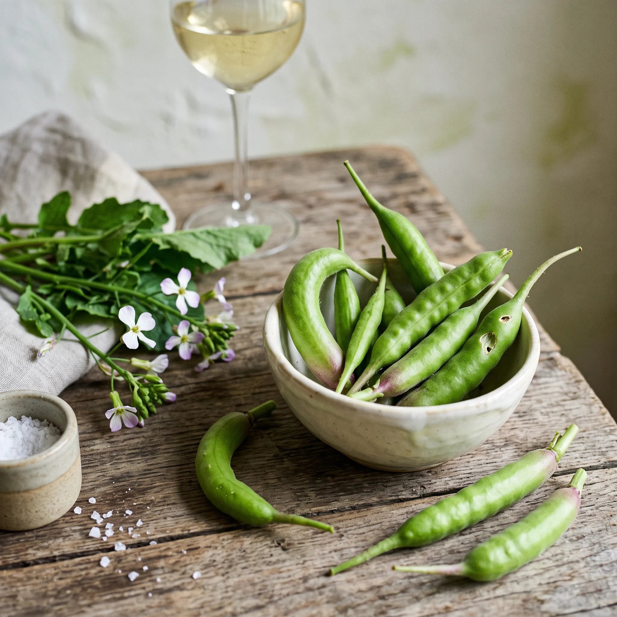 Siliques vertes croquantes et poivrées du radis, grignotées crues à l'apéritif