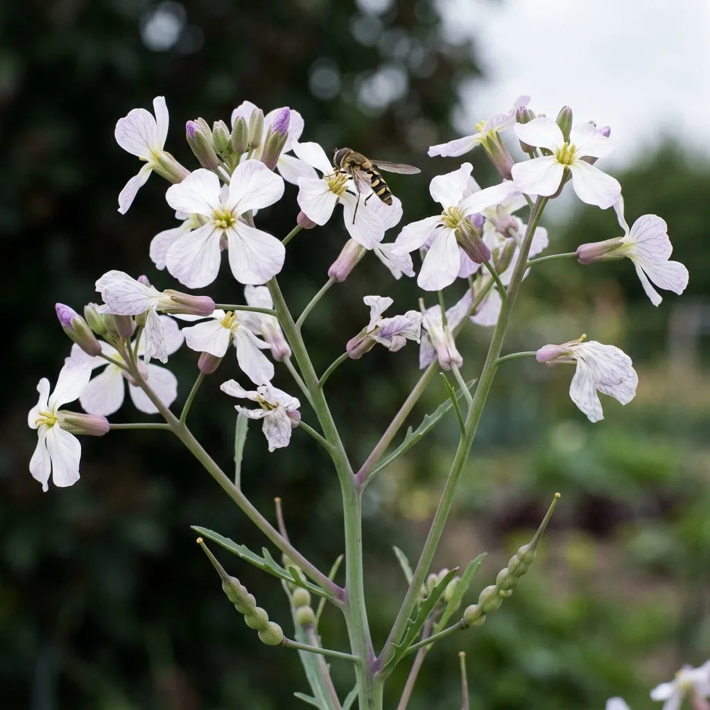 Floraison de deuxième année du raifort champêtre, fleurs blanches veinées de violet visitées par un syrphe — SemiSauvage