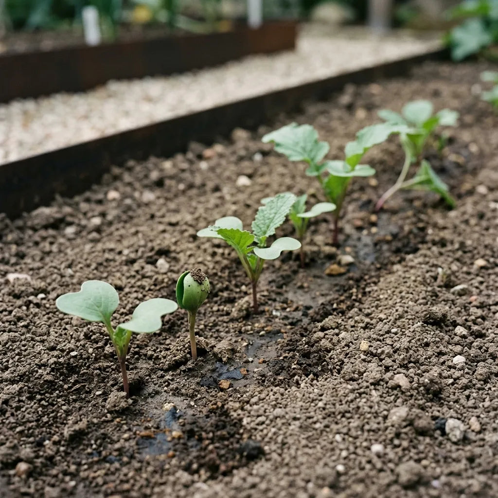 Jeunes plantules de raifort champêtre levées en ligne après un semis direct en place — SemiSauvage