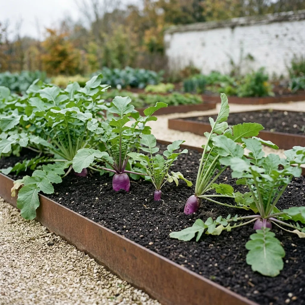 Rang de raifort champêtre au potager, épaules violettes des racines affleurant au ras du sol — SemiSauvage
