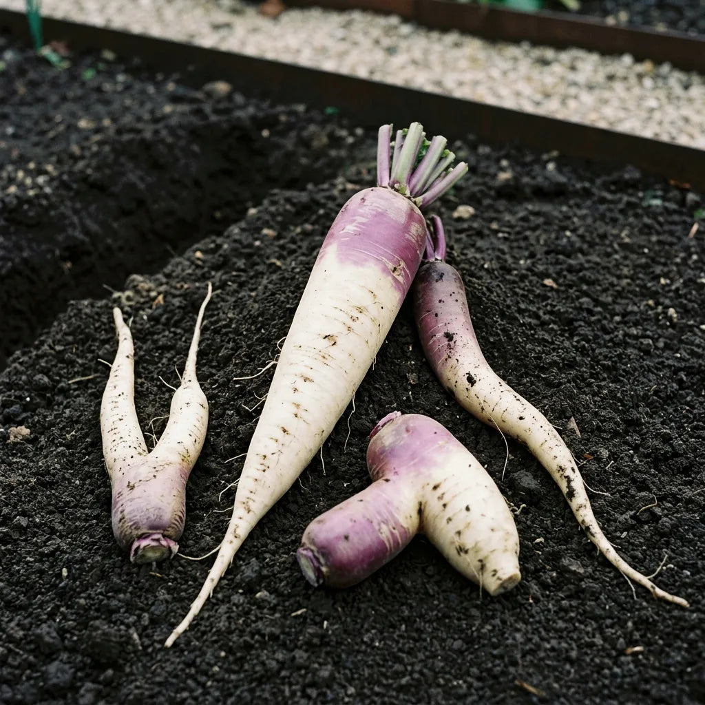Récolte d'automne de racines de raifort champêtre, blanches à collet violet, posées sur la terre — SemiSauvage