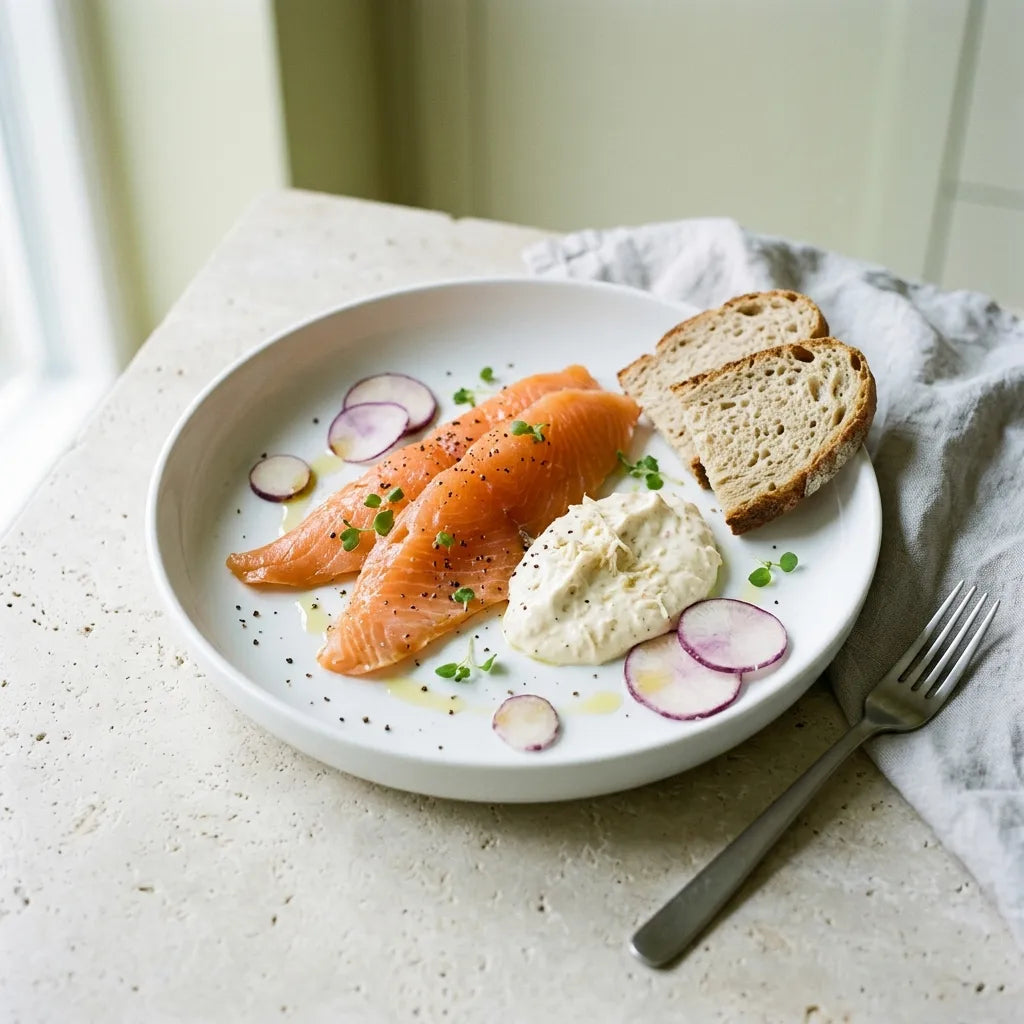 Assiette de truite fumée servie avec la sauce au raifort champêtre et des lamelles de racine — SemiSauvage