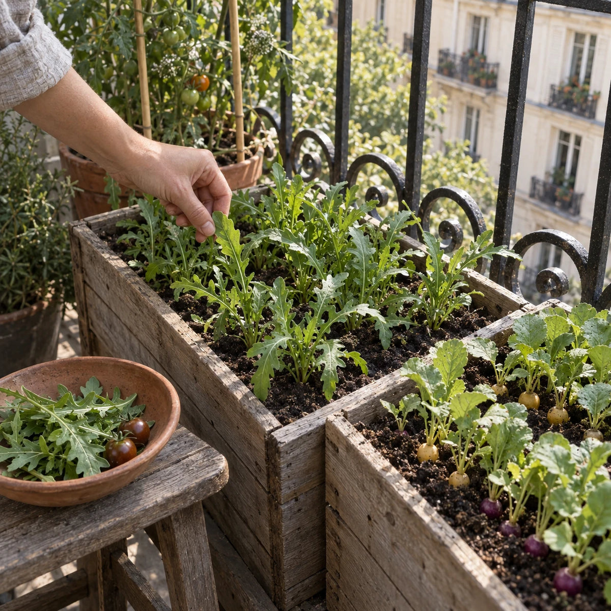 Cueillette d’une feuille de roquette dans une jardinière de balcon, près de radis jaunes et violets.