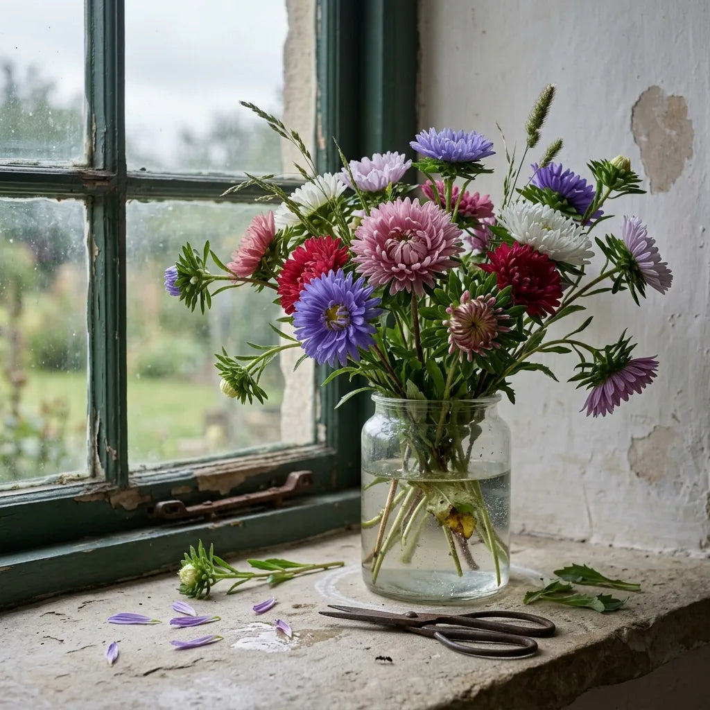 Bouquet frais de reines-marguerites dans un vase de verre sur un appui de fenêtre — SemiSauvage