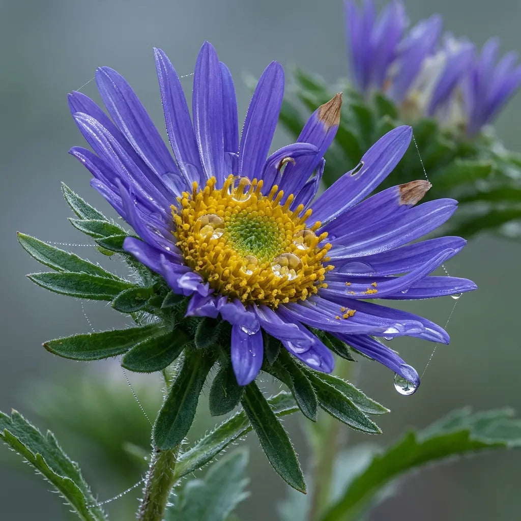 Macro d'un capitule de reine-marguerite couvert de rosée, bractées foliacées visibles — SemiSauvage