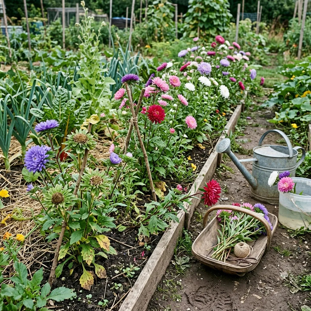 Rang de reines-marguerites à couper dans un potager en permaculture — SemiSauvage