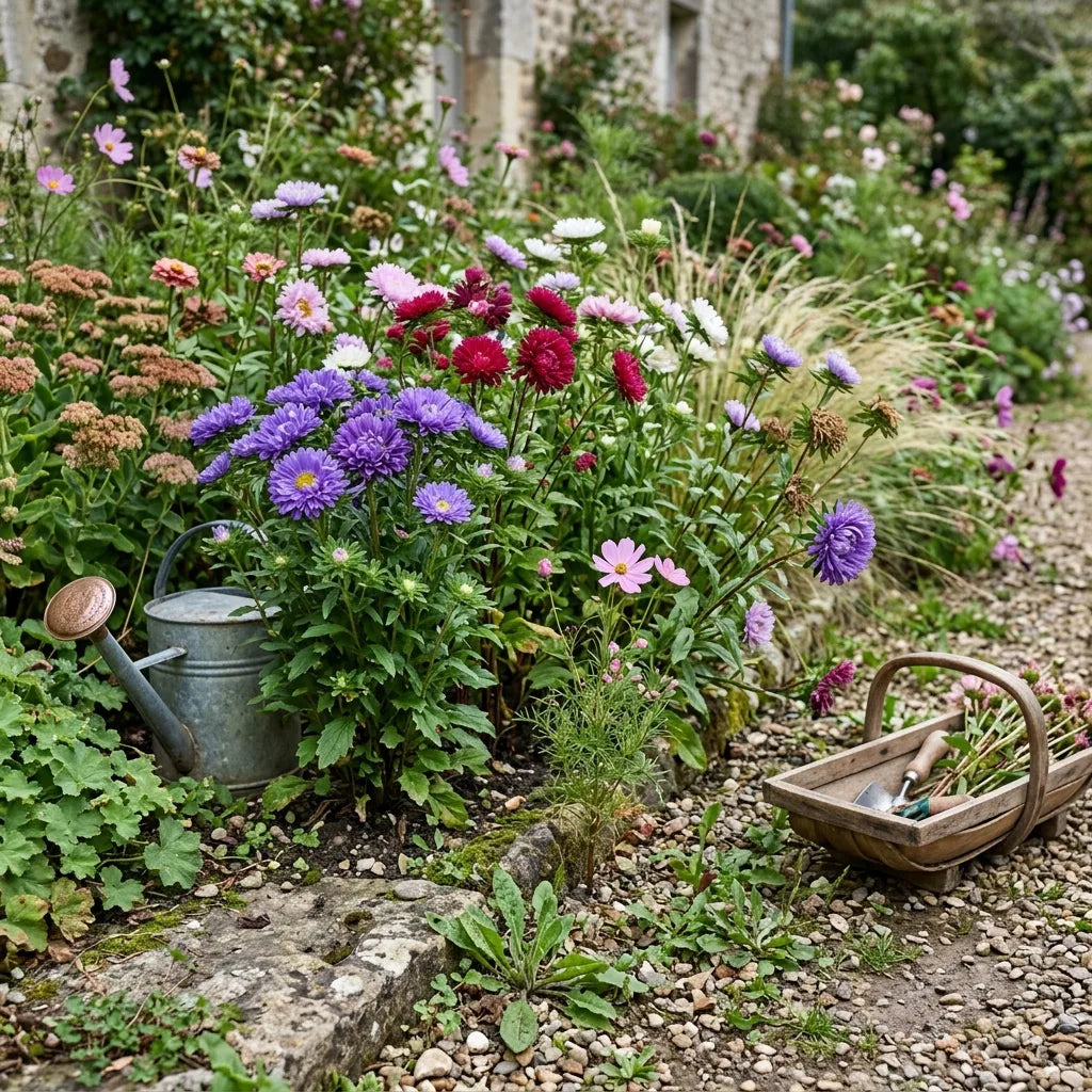 Reines-marguerites multicolores dans un massif de jardin d'ornement en fin d'été — SemiSauvage