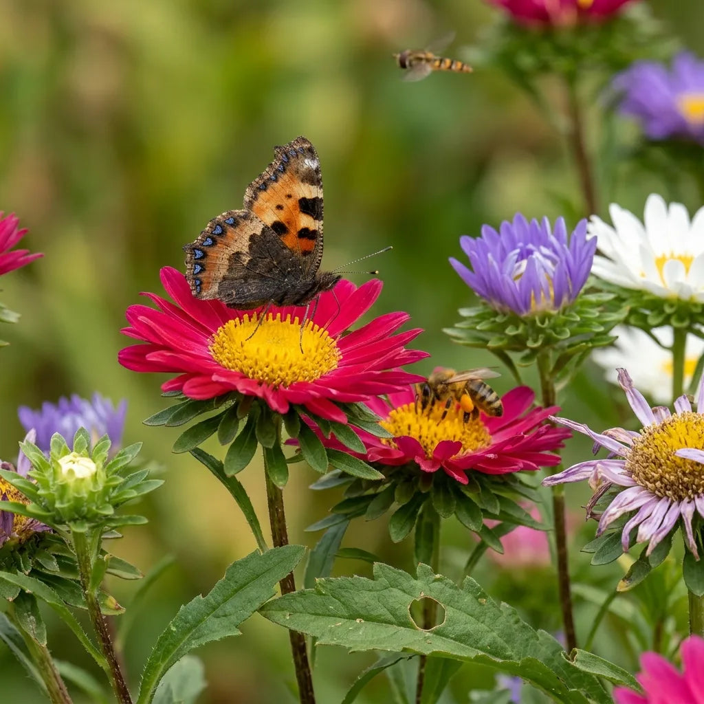 Papillon petite tortue et abeille butinant des reines-marguerites à cœur ouvert — SemiSauvage