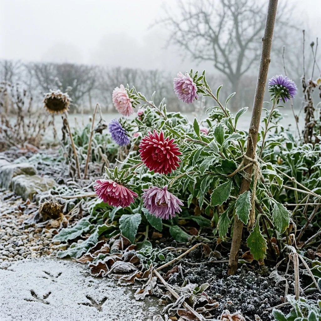 Reines-marguerites encore fleuries sous le givre des premières gelées — SemiSauvage