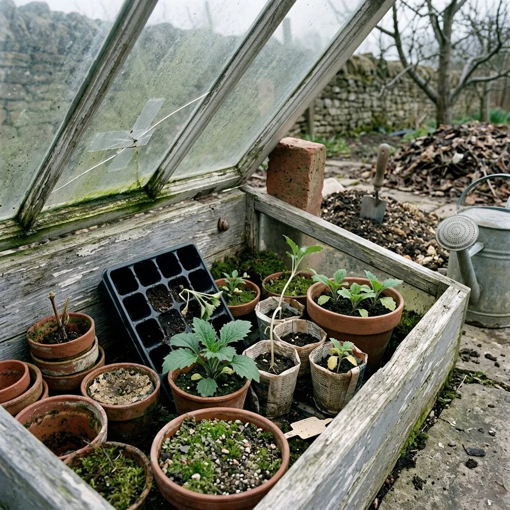 Jeunes plants de reine-marguerite élevés en godets sous châssis au printemps — SemiSauvage