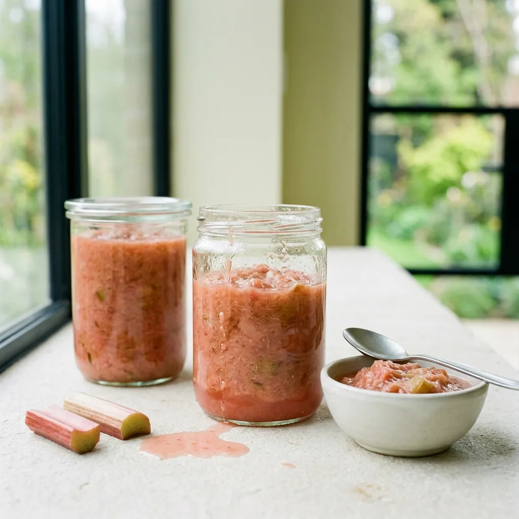 Compote de rhubarbe mise en bocal sur un appui de fenêtre — SemiSauvage
