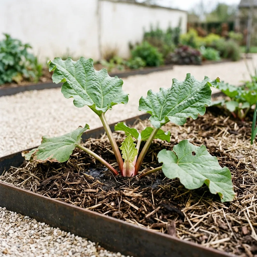 Jeune pied de rhubarbe de deuxième année, repiqué et paillé au potager — SemiSauvage