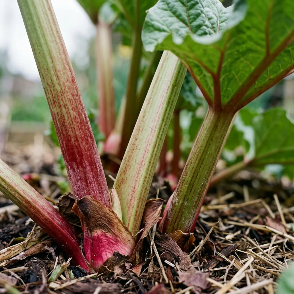 Macro des pétioles de rhubarbe à la base de la touffe, gouttière et stries rouges, détail botanique — SemiSauvage