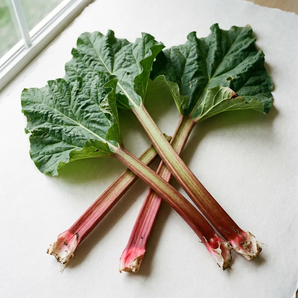 Pétioles de rhubarbe (Rheum rhabarbarum) fraîchement tirés avec leurs feuilles, sur fond blanc — SemiSauvage