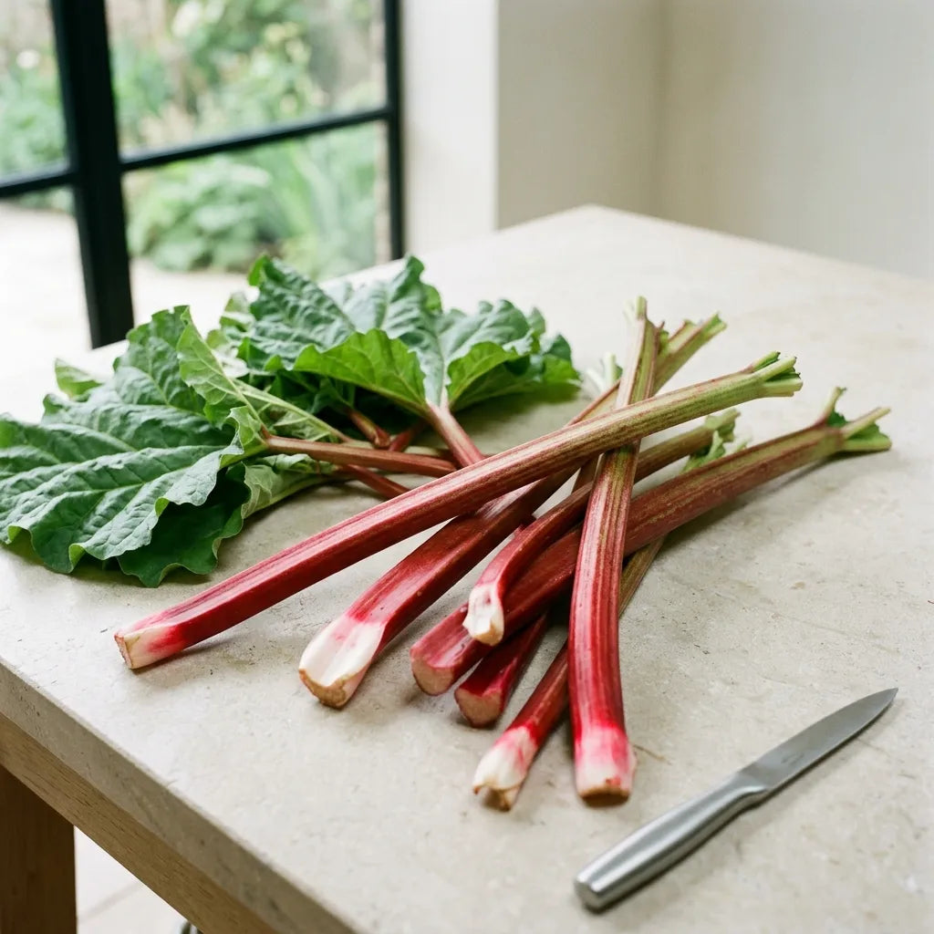 Récolte de rhubarbe : pétioles prêts à cuisiner et feuilles écartées, non comestibles — SemiSauvage