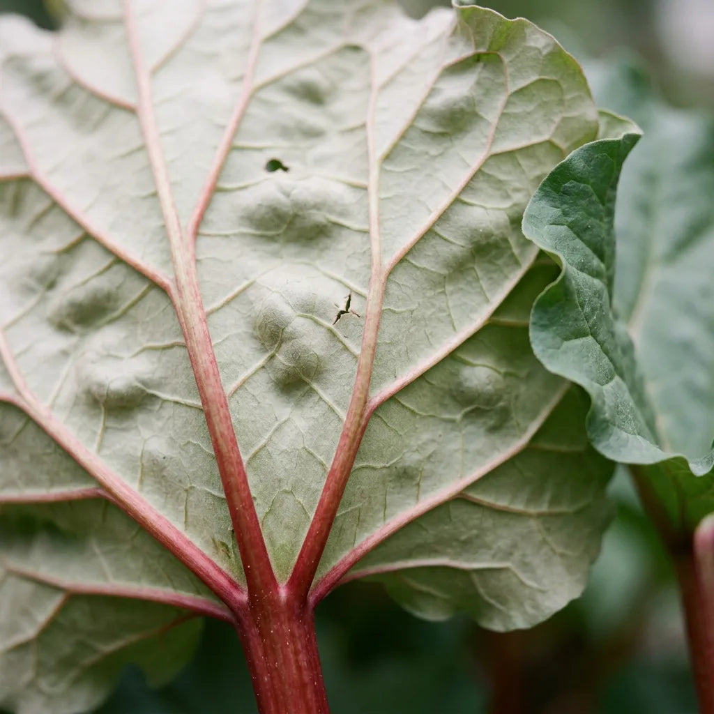 Revers d'une feuille de rhubarbe : nervures palmées rouges et limbe bullé, détail botanique — SemiSauvage