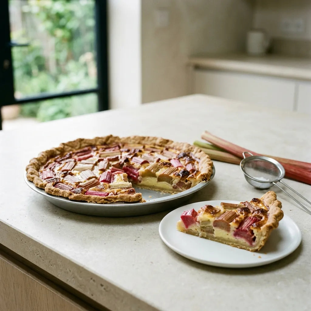 Tarte à la rhubarbe maison, entamée sur une table de pierre — SemiSauvage