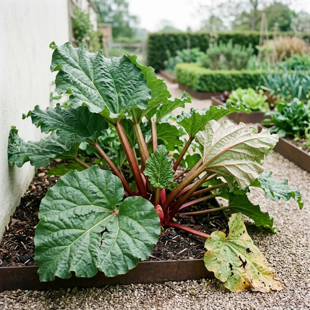 Touffe adulte de rhubarbe en bordure de potager, feuillage imposant et pétioles rouges — SemiSauvage