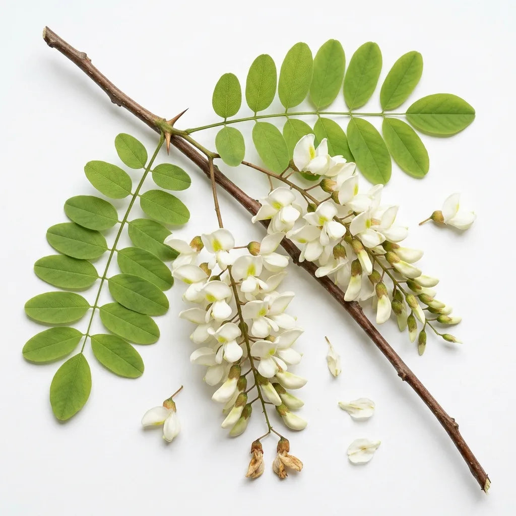 Rameau fleuri de Robinia pseudoacacia, grappes blanches, feuille imparipennée et épines, sur fond blanc — SemiSauvage