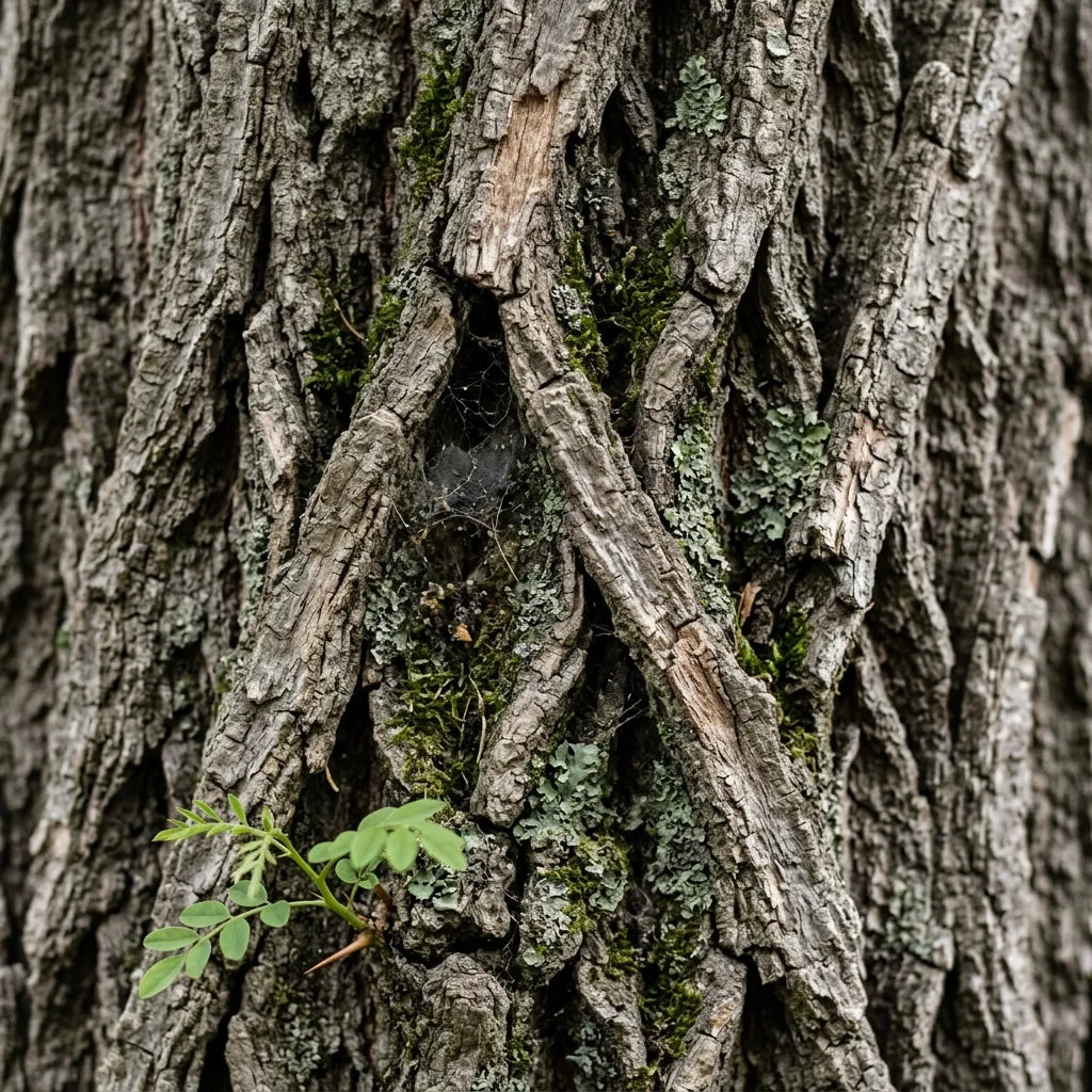 Écorce profondément crevassée du robinier faux-acacia, détail — SemiSauvage